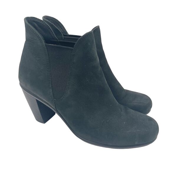 ECCO Boots Black Heeled Leather Nubuck Pull On Elastic Ankle Comfort SZ38(7/7.5) - Picture 1 of 12